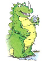 cartoon dinosaur holding a glass of water